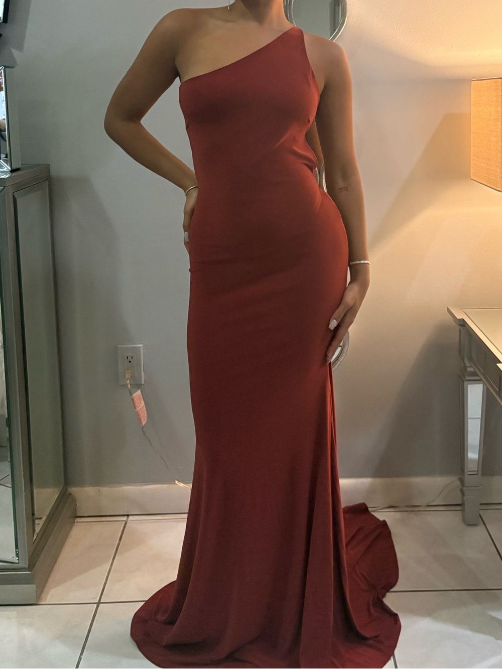 Rust Red Backless Ruched Evening Gown - Picture 2 of 4